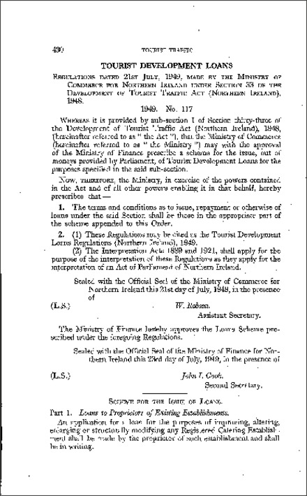 The Tourist Development Loans Regulations (Northern Ireland) 1949