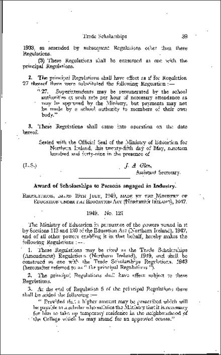 The Trade Scholarships (Amendment) Regulations (Northern Ireland) 1949