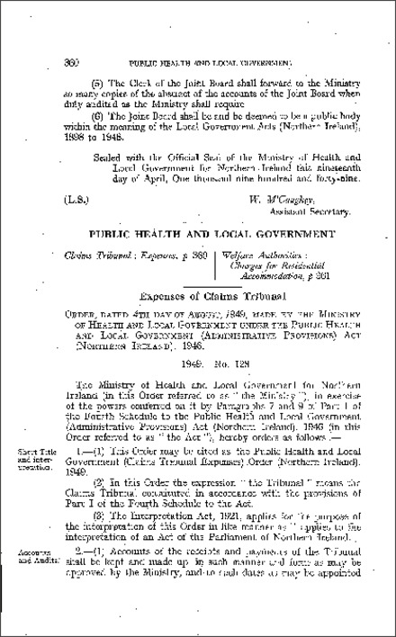 The Public Health and Local Government (Claims Tribunal Expenses) Order (Northern Ireland) 1949