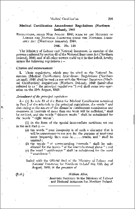 The National Insurance (Medical Certification) Amendment Regulations (Northern Ireland) 1949