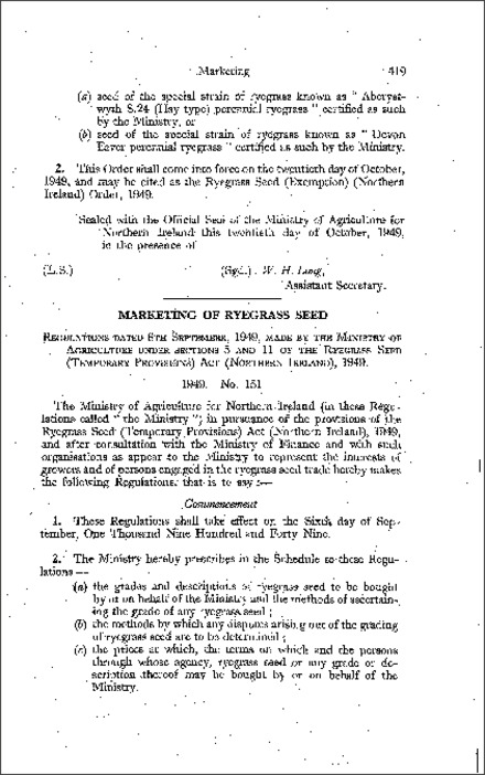 The Marketing of Ryegrass Seed Regulations (Northern Ireland) 1949