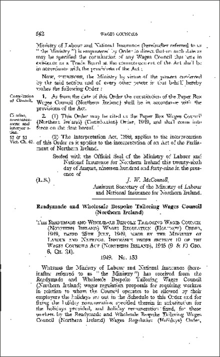 The Readymade and Wholesale Bespoke Tailoring Wages Council (Northern Ireland) Wages Regulations (Holiday) (Northern Ireland) 1949