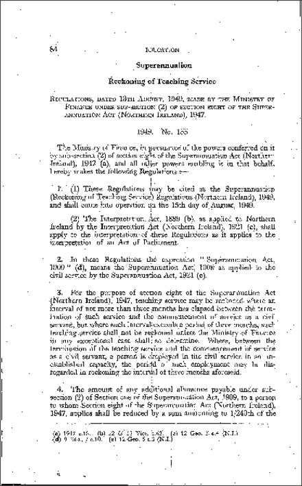The Superannuation (Reckoning of Teaching Service) Regulations (Northern Ireland) 1949