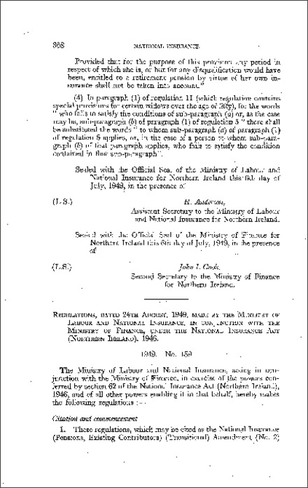 The National Insurance (Pensions, Existing Contributors) (Transitional) Amendment (No. 2) Regulations (Northern Ireland) 1949