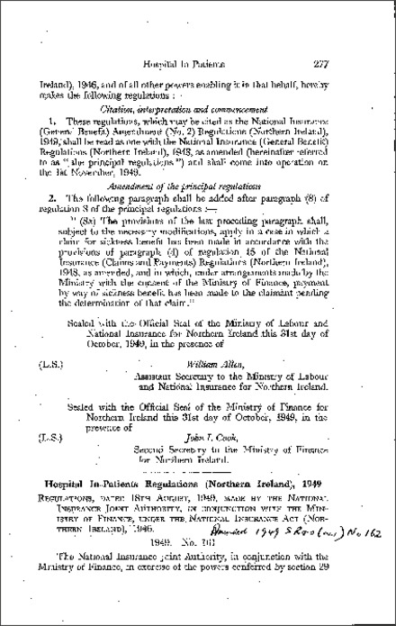 The National Insurance (Hospital In-Patients) Regulations (Northern Ireland) 1949