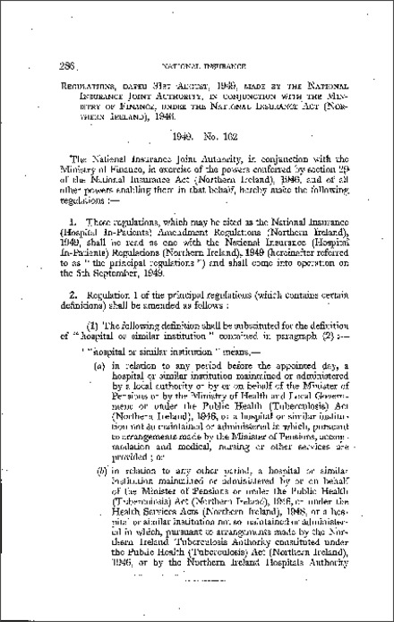 The National Insurance (Hospital In-Patients) Amendment Regulations (Northern Ireland) 1949