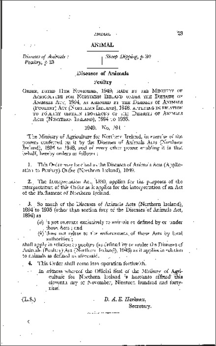 The Diseases of Animals Acts (Application to Poultry) Order (Northern Ireland) 1949