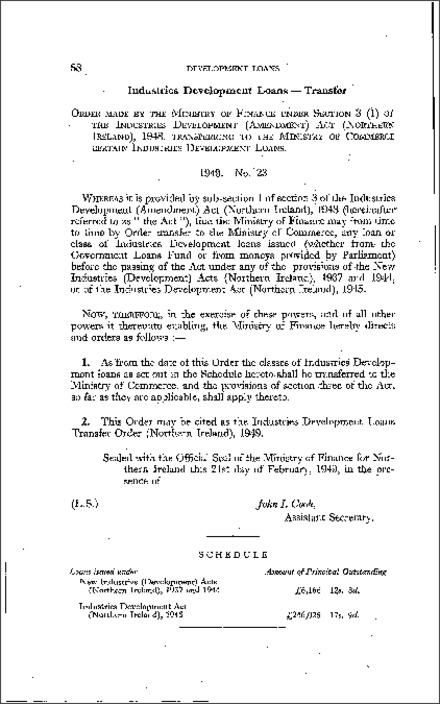 The Industries Development Loans Transfer Order (Northern Ireland) 1949
