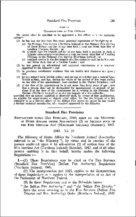 The Fire Services (Standard Fire Provision) (Belfast Fire Authority) Regulations (Northern Ireland) 1949