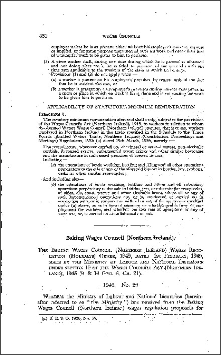 The Baking Wages Council Wages Regulations (Holidays) Order (Northern Ireland) 1949