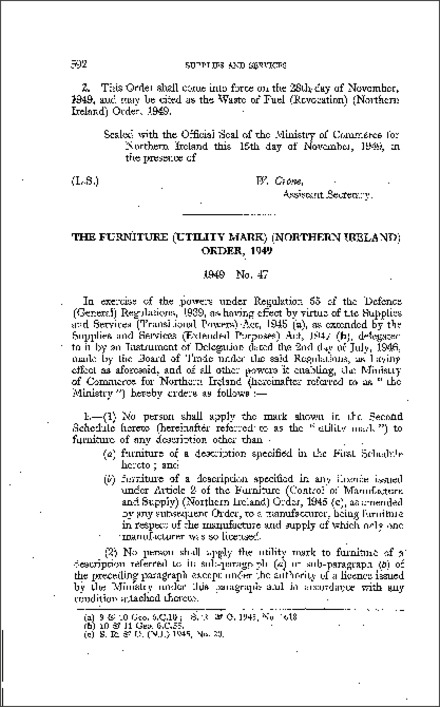 The Furniture (Utility Mark) Order (Northern Ireland) 1949