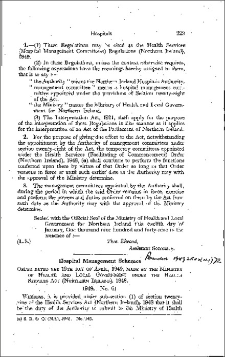 The Health Services (Approval of Hospital Management Schemes) Order (Northern Ireland) 1949