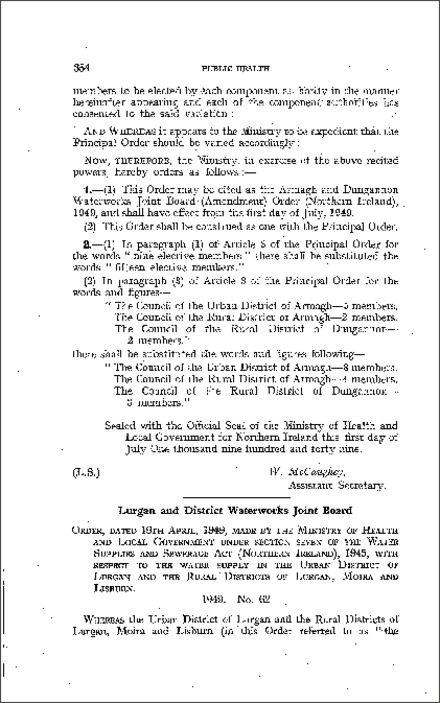 The Lurgan and District Waterworks Joint Board Order (Northern Ireland) 1949