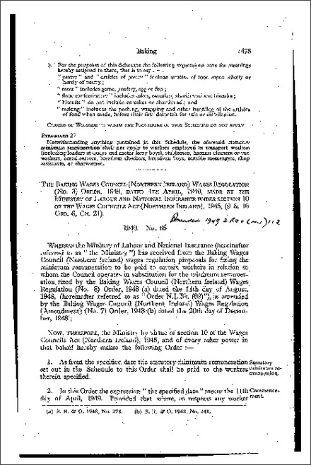 The Baking Wages Council Wages Regulations (No. 3) Order (Northern Ireland) 1949