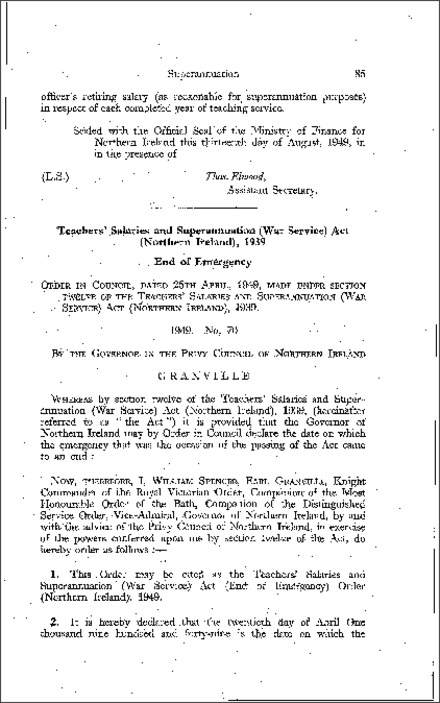 The Teachers' Salaries and Superannuation (War Service) Act (End of Emergency) Order (Northern Ireland) 1949