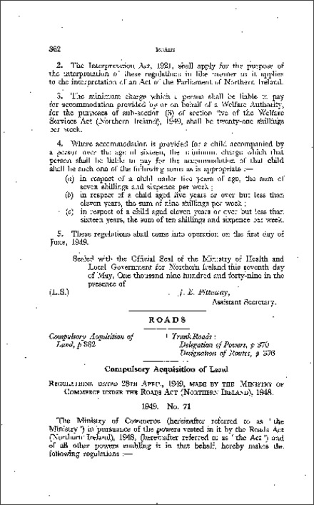 The Road Authorities (Compulsory Acquisition of Land) Regulations (Northern Ireland) 1949