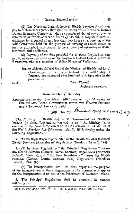 The Health Services (General Dental Services) (Amendment) Regulations (Northern Ireland) 1949