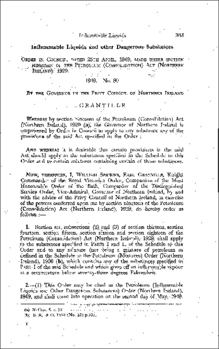 The Petroleum (Inflammable Liquids and Other Dangerous Substances) Order (Northern Ireland) 1949