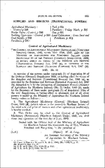 The Control of Agricultural Machinery (Revocation) Order (Northern Ireland) 1949