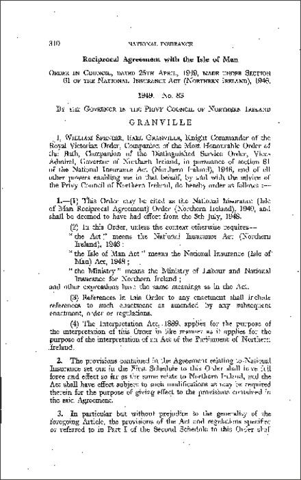 The National Insurance (Isle of Man Reciprocal Agreement) Order (Northern Ireland) 1949