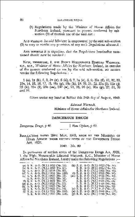 The Dangerous Drugs Regulations (Northern Ireland) 1949