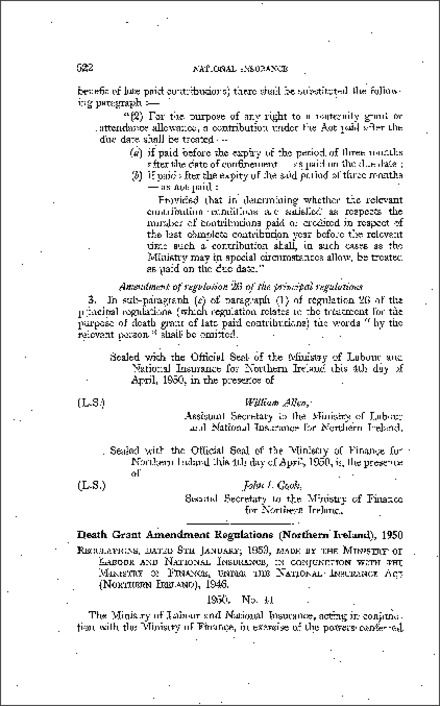 The National Insurance (Death Grant) Amendment Regulations (Northern Ireland) 1950