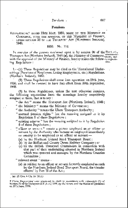 The Transferred Undertakings (Pensions of Employees Losing Employment, etc.) Regulations (Northern Ireland) 1950