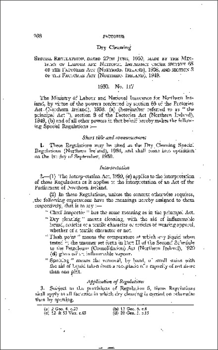 The Dry Cleaning Special Regulations (Northern Ireland) 1950
