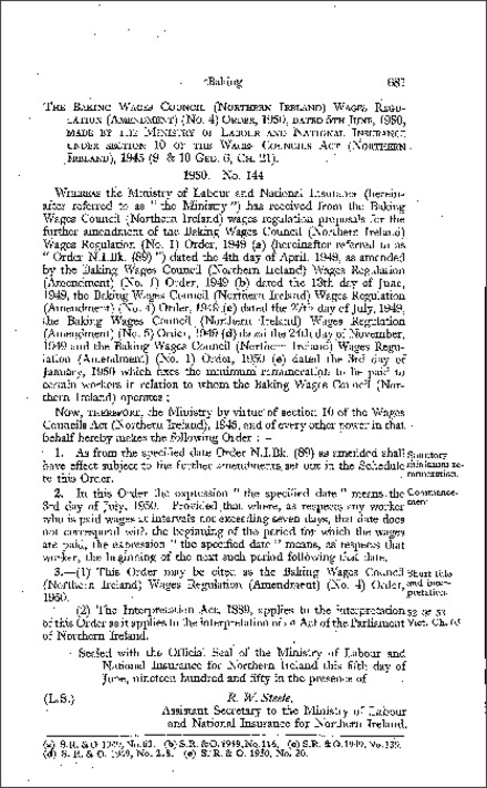 The Baking Wages Council Wages Regulations (Amendment) No. 4) Order (Northern Ireland) 1950