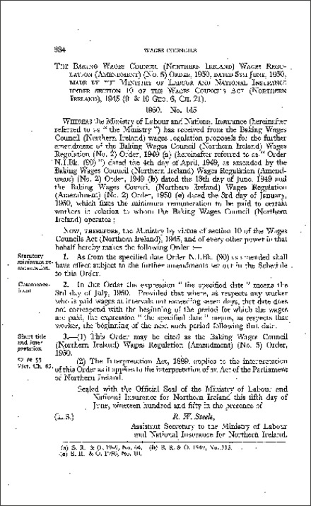 The Baking Wages Council Wages Regulations (Amendment) (No. 5) Order (Northern Ireland) 1950