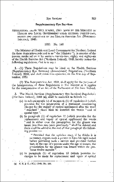 The Supplementary Eye Services (Amendment) Regulations (Northern Ireland) 1950
