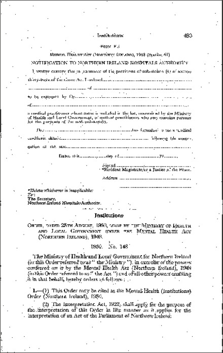 The Mental Health (Institutions) Order (Northern Ireland) 1950