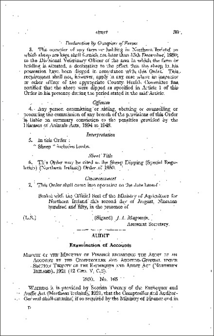 The Audit - Examination of Accounts - Land Purchase (Sale of Holdings) Account - Regulations (Northern Ireland) 1950