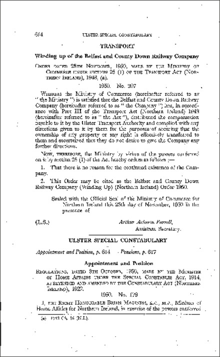 The Ulster Special Constabulary (Appointment and Position) Regulations (Northern Ireland) 1950