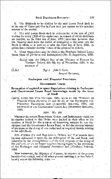 The Exchequer and Government Loans Fund (Stock Regulations Revocation) Order (Northern Ireland) 1950