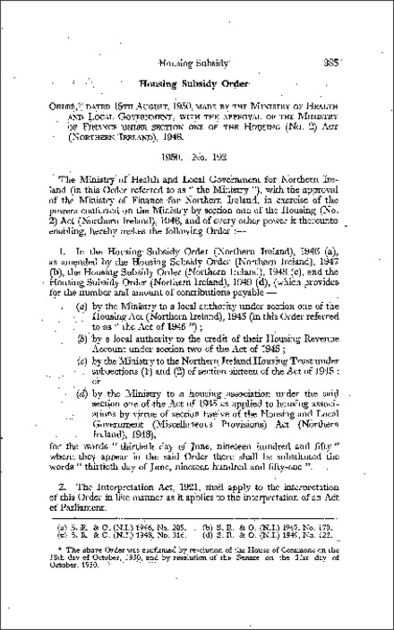 The Housing Subsidy Order (Northern Ireland) 1950