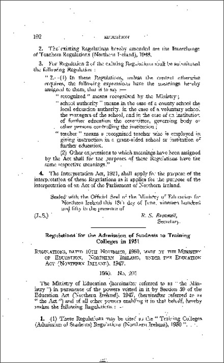 The Training Colleges (Admission of Students) Regulations (Northern Ireland) 1950
