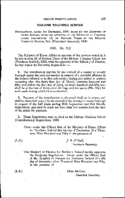 The Malone Training School (Contributions) Regulations (Northern Ireland) 1950
