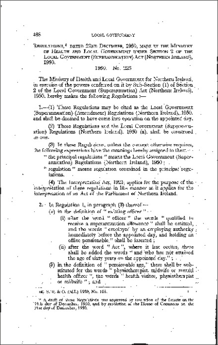 The Local Government (Superannuation) (Amendment) Regulations (Northern Ireland) 1950