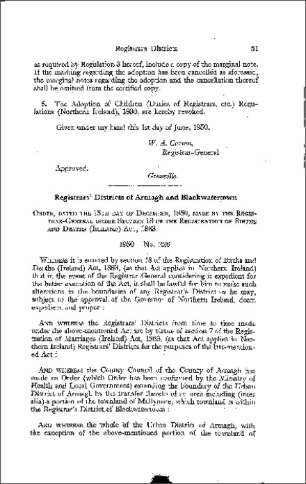 The Registrar's Districts of Armagh and Blackwaterstown - Alteration of Boundaries (Northern Ireland) 1950