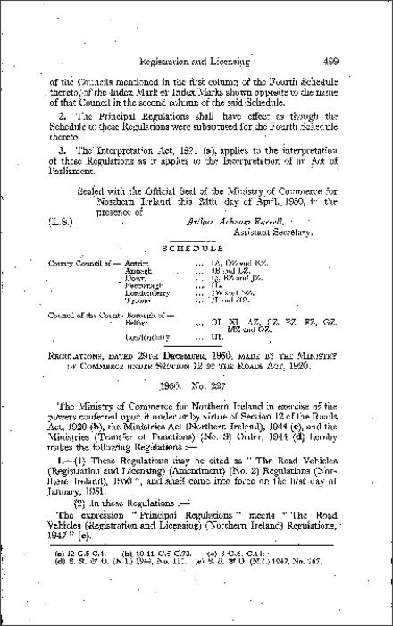 The Road Vehicles (Registration and Licensing) (Amendment) (No. 2) Regulations (Northern Ireland) 1950