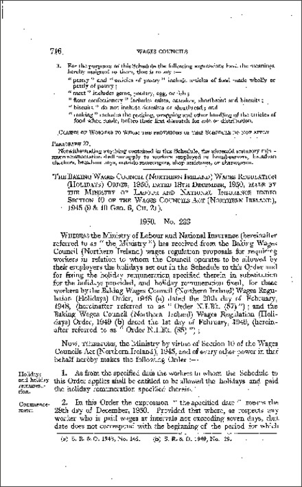 The Baking Wages Council Wages Regulations (Holidays) Order (Northern Ireland) 1950