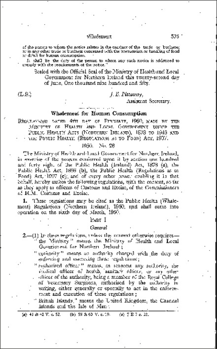 The Public Health (Whalemeat) Regulations (Northern Ireland) 1950