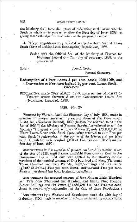 The Ulster Loans 5 per cent Stock (Redemption and Conversion) Regulations (Northern Ireland) 1950