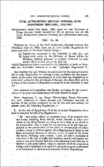 The Civil Authorities (Special Powers) Acts Regulations (Northern Ireland) 1950