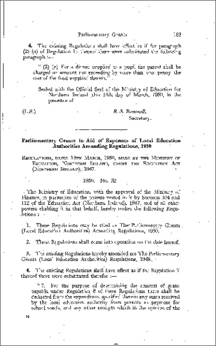 The Parliamentary Grants (Local Education Authorities) Amendment Regulations (Northern Ireland) 1950