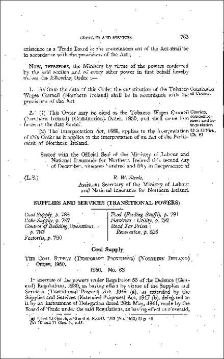 The Coal Supply (Temporary Provisions) Order (Northern Ireland) 1950