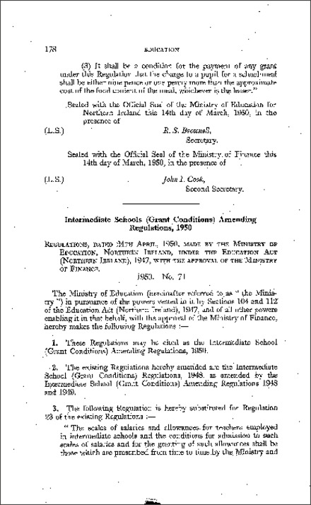 The Intermediate School (Grant Conditions) Amendment Regulations (Northern Ireland) 1950