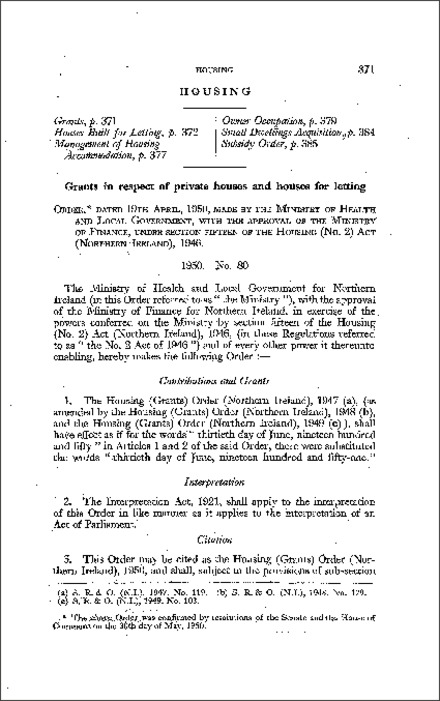The Housing (Grants) Order (Northern Ireland) 1950