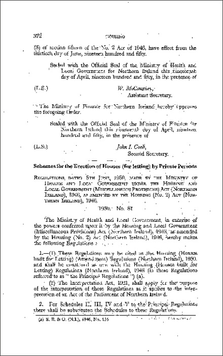 The Housing (Houses built for Letting) (Amendment) Regulations (Northern Ireland) 1950